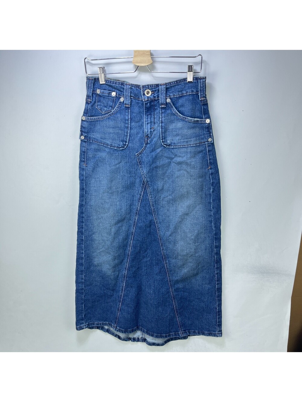 Vintage Levi's Denim Midi Skirt Patch Pocket Jean Skirt 6